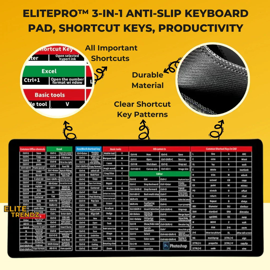 ELITEPRO™ 3-in-1 Anti-Slip Keyboard Pad | AI Tools | Excel & Microsoft Shortcut Keys | Productivity