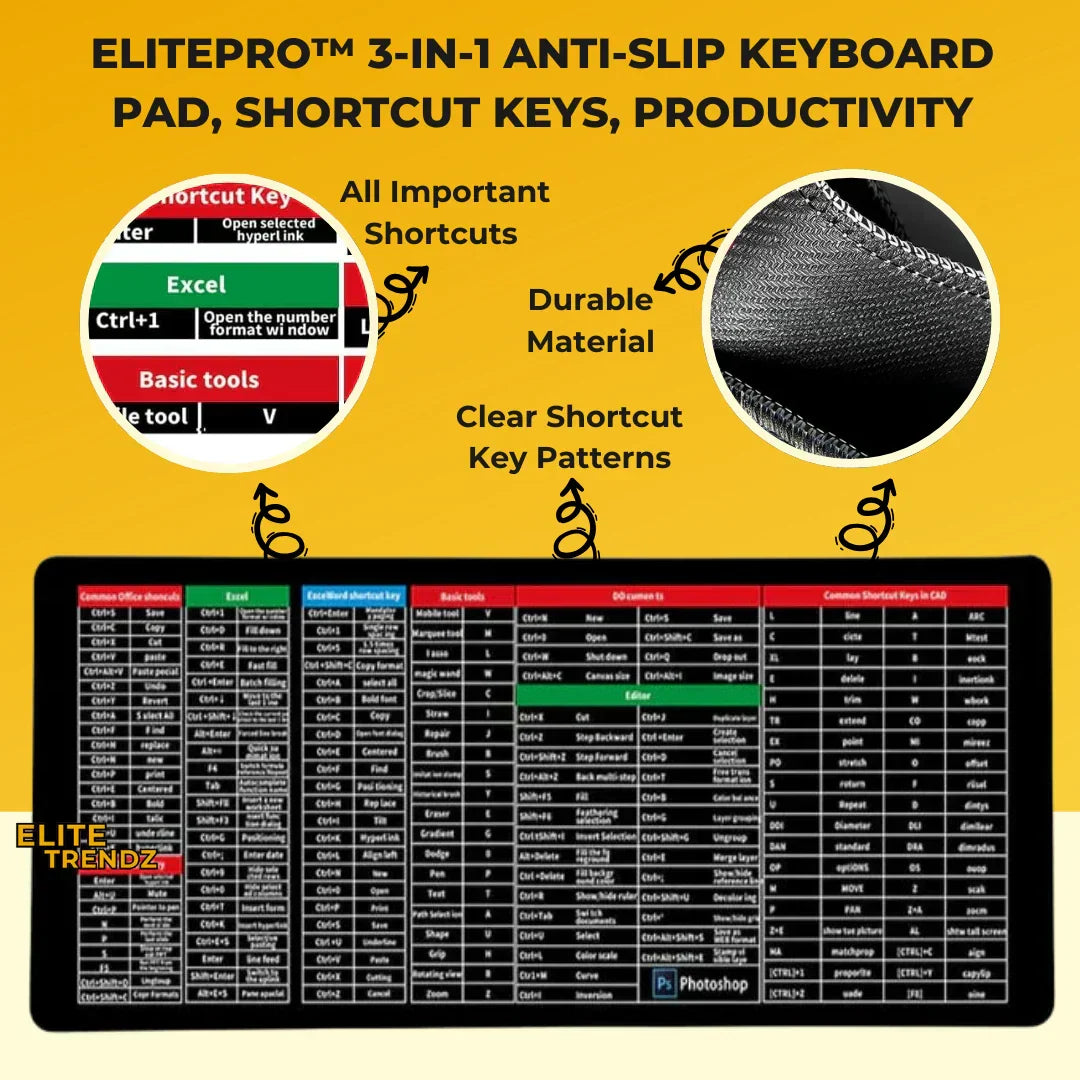 ELITEPRO™ 3-in-1 Anti-Slip Keyboard Pad | AI Tools | Excel & Microsoft Shortcut Keys | Productivity