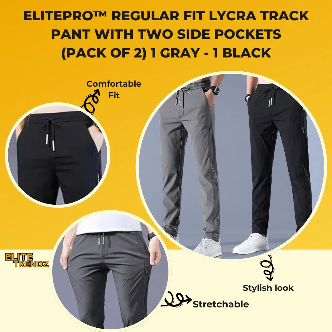 ELITEPRO™ COMBO OF 2 REGULAR FIT WATERPROOF LYCRA TRACK PANT WITH TWO SIDE POCKETS (BLACK & GREY) - WHOLESALE RATE
