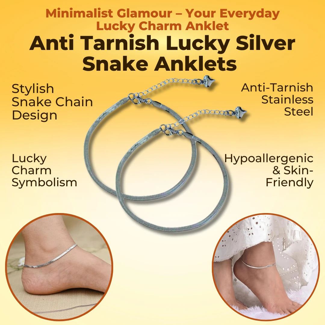 Anti Tarnish Lucky Charm Silver Snake Anklets (Pair)