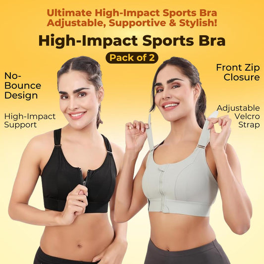 High Impact Zip Up Front Cross Back Bra - (Pack af 2) Adjustable Size (MultiColor)