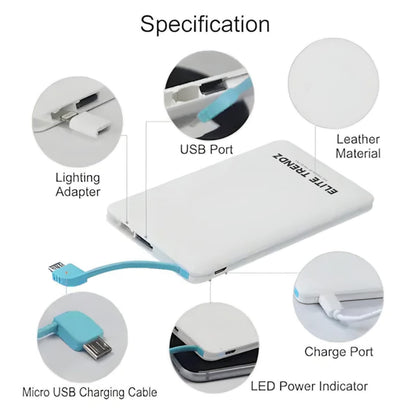 Slimmest Portable Pocket Size 4000 MAH Charge Bank with Type C, Micro USB and Iphone slots - 1 Year Warranty