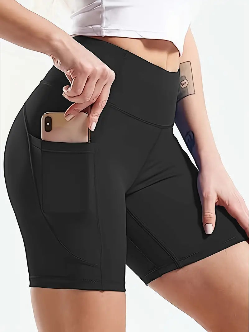 ELITEPRO™ 3 Pack Plus Size Sports Leggings Set, Women's Plus Solid Wide Waistband Tummy Control Yoga Biker Shorts With Phone Pockets 3pcs Set